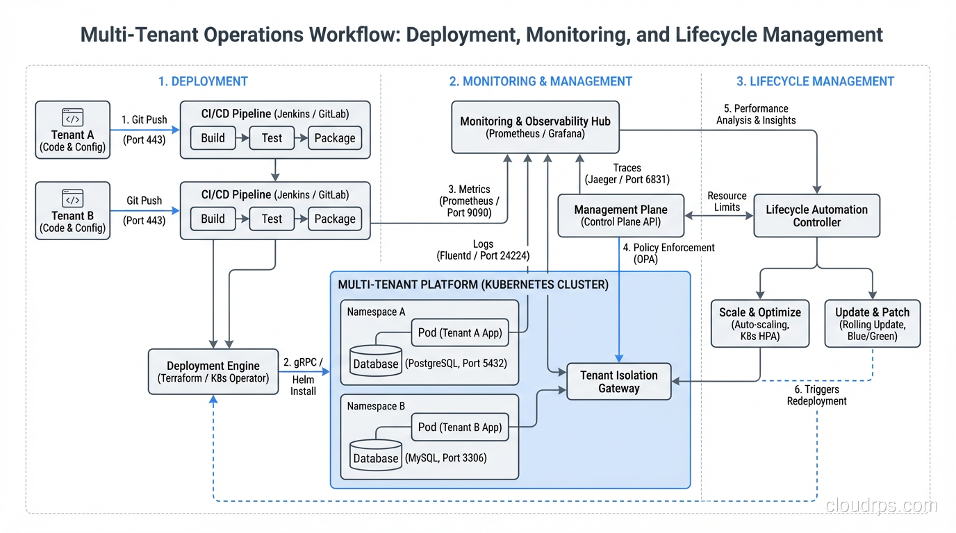 Multi-tenant operations workflow showing deployment, monitoring, and lifecycle management
