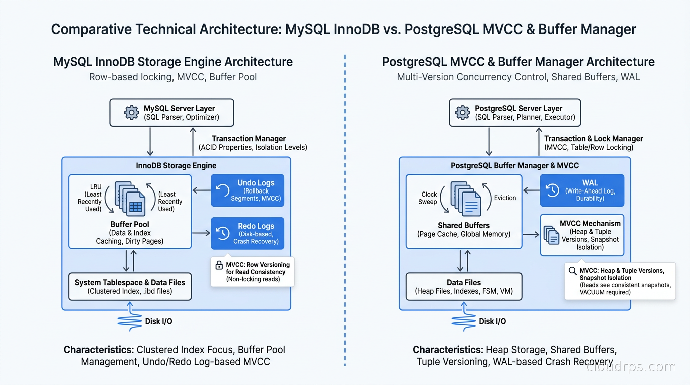 Architecture comparison diagram showing MySQL InnoDB storage engine architecture versus PostgreSQL MVCC and buffer manager architecture