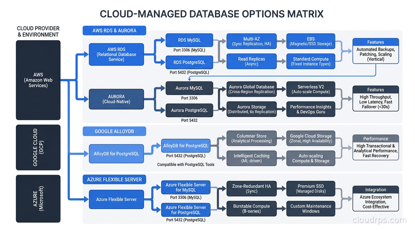 Cloud-managed database options matrix showing AWS RDS MySQL, Aurora MySQL, RDS PostgreSQL, Aurora PostgreSQL, Google AlloyDB, and Azure Flexible Server with their key differentiators