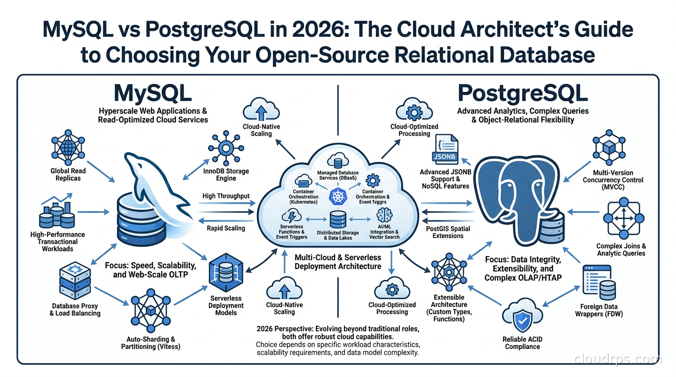 Split diagram showing MySQL dolphin logo on the left and PostgreSQL elephant logo on the right, with cloud infrastructure icons connecting them