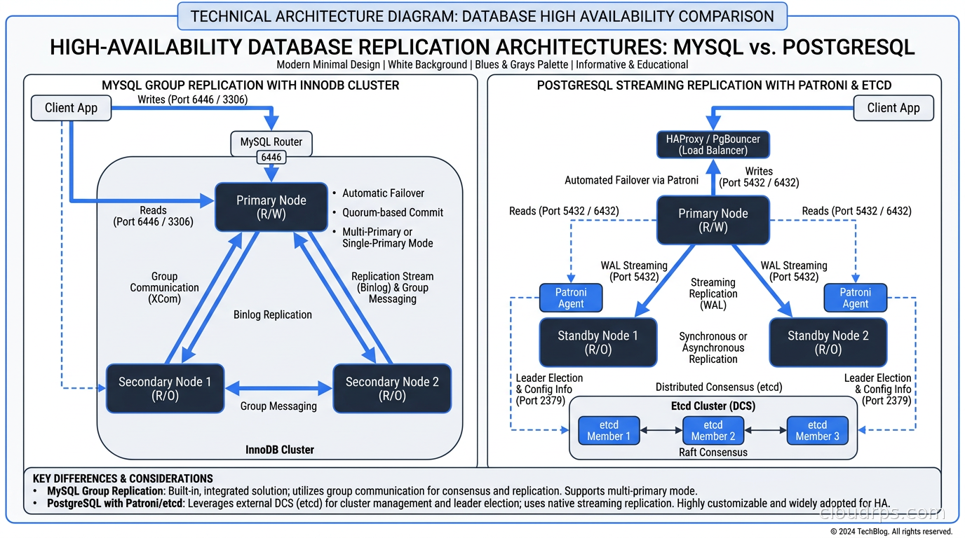 Replication architecture diagram comparing MySQL Group Replication with InnoDB Cluster versus PostgreSQL streaming replication with Patroni and etcd