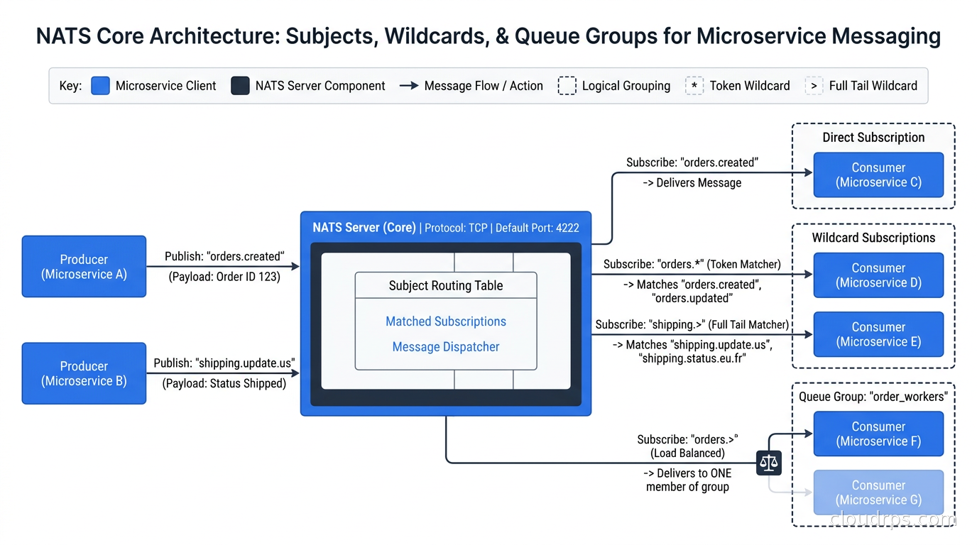 NATS Core architecture showing subjects, wildcards, and queue groups for microservice messaging