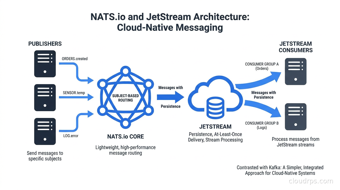 NATS.io messaging architecture diagram showing publishers, subjects, and JetStream consumers