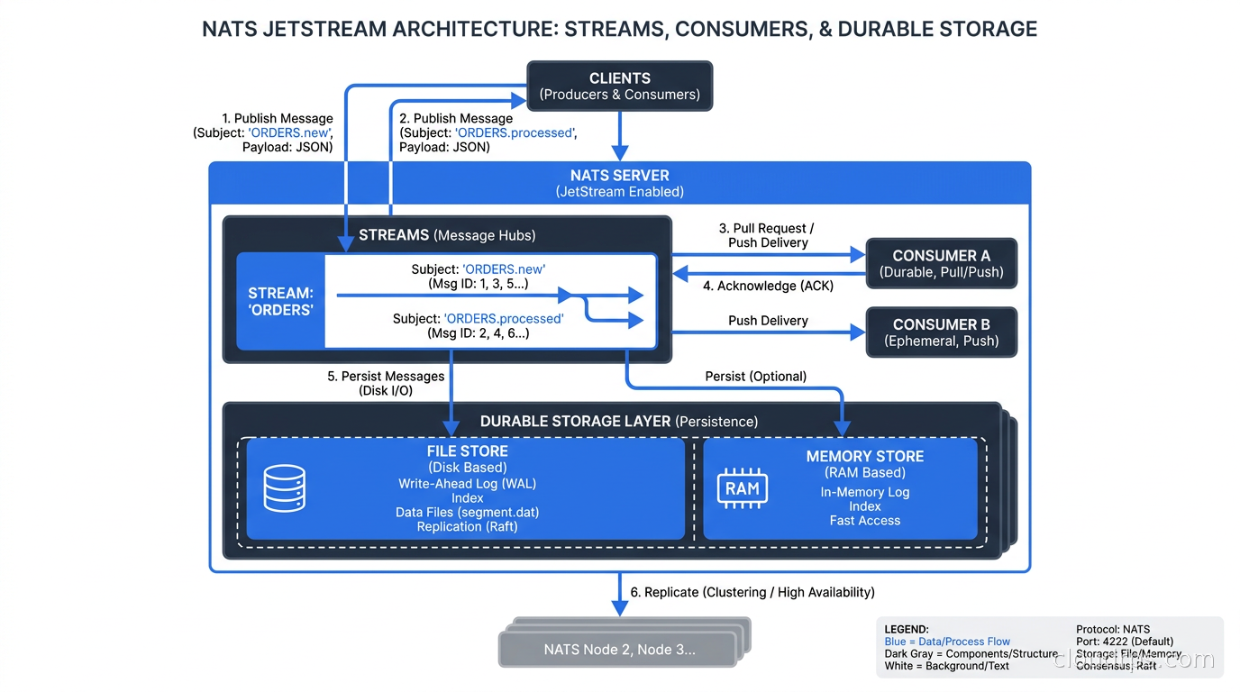 JetStream architecture showing streams, consumers, and the durable storage layer