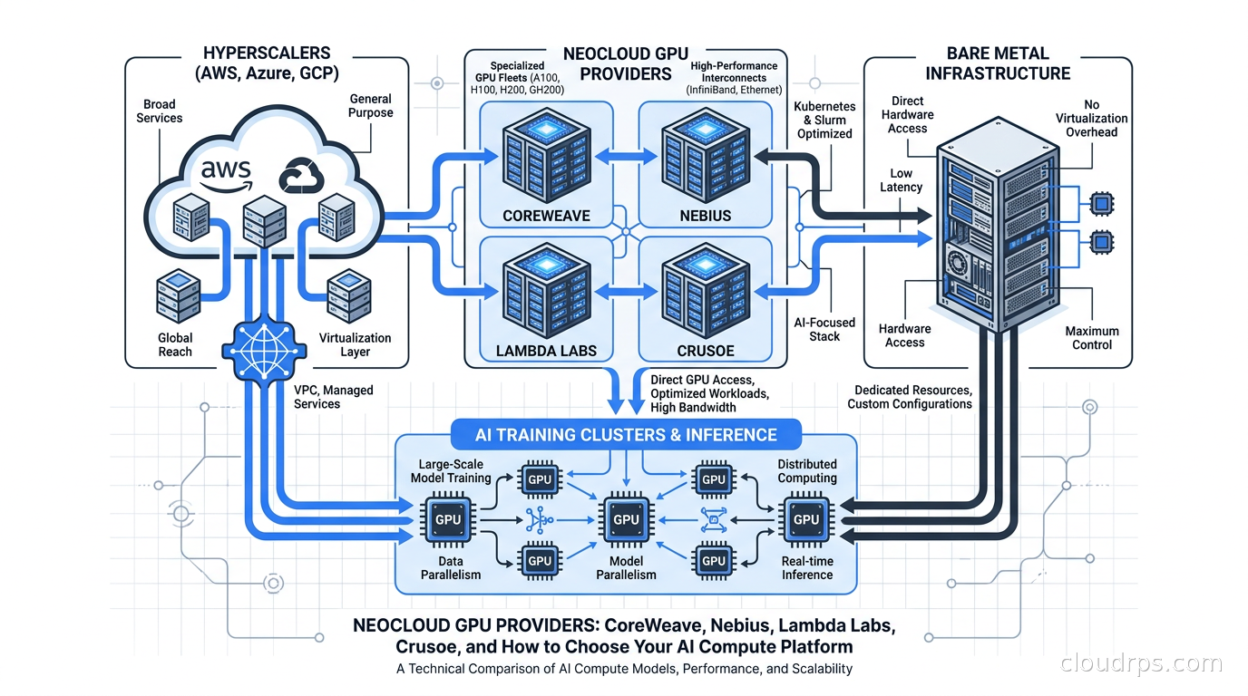 Diagram showing neocloud GPU providers CoreWeave, Nebius, Lambda Labs, and Crusoe positioned between hyperscalers and bare metal, serving AI training clusters