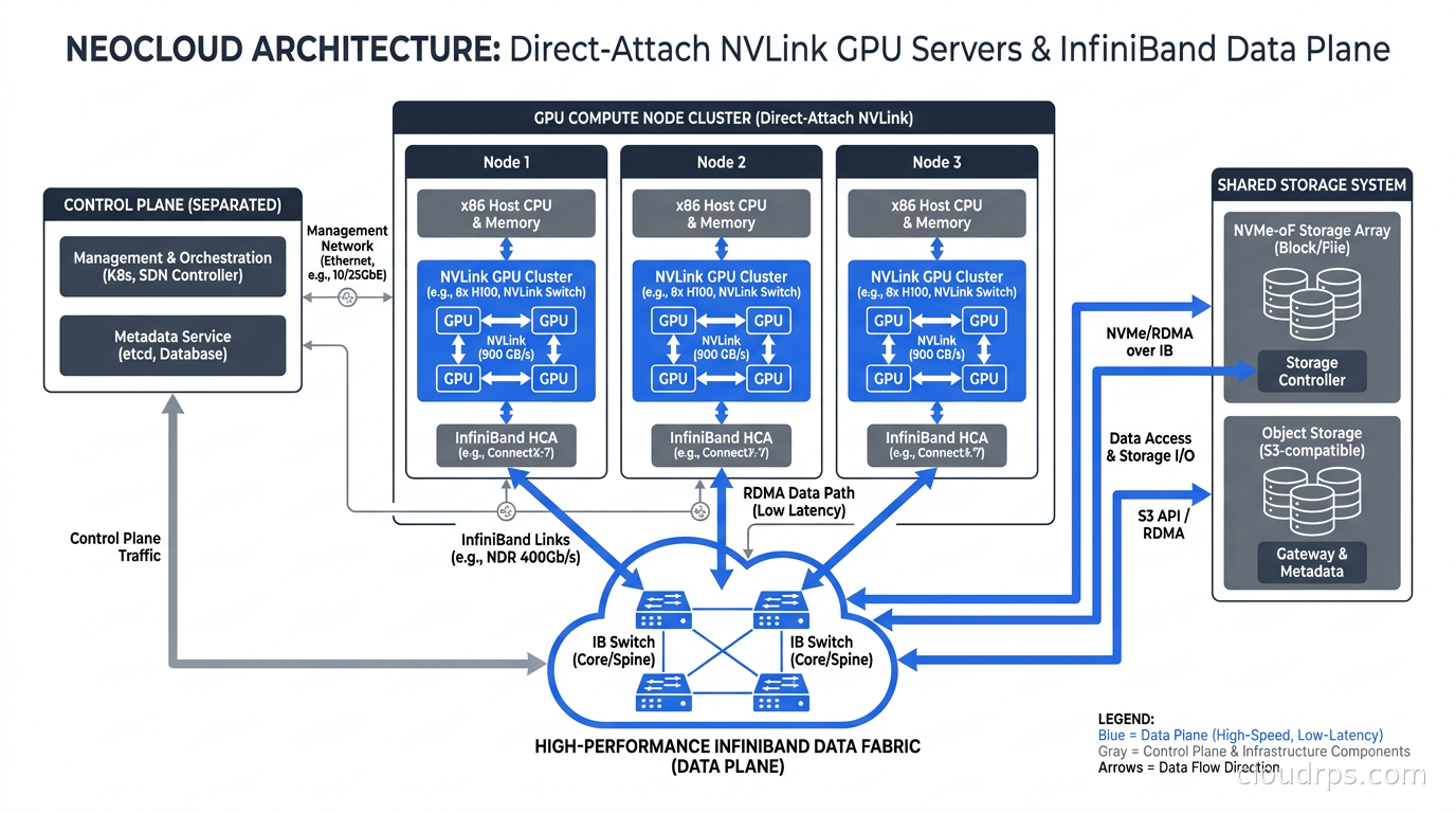Diagram showing neocloud architecture: direct-attach NVLink GPU servers connected via InfiniBand fabric to storage, with control plane separated from data plane
