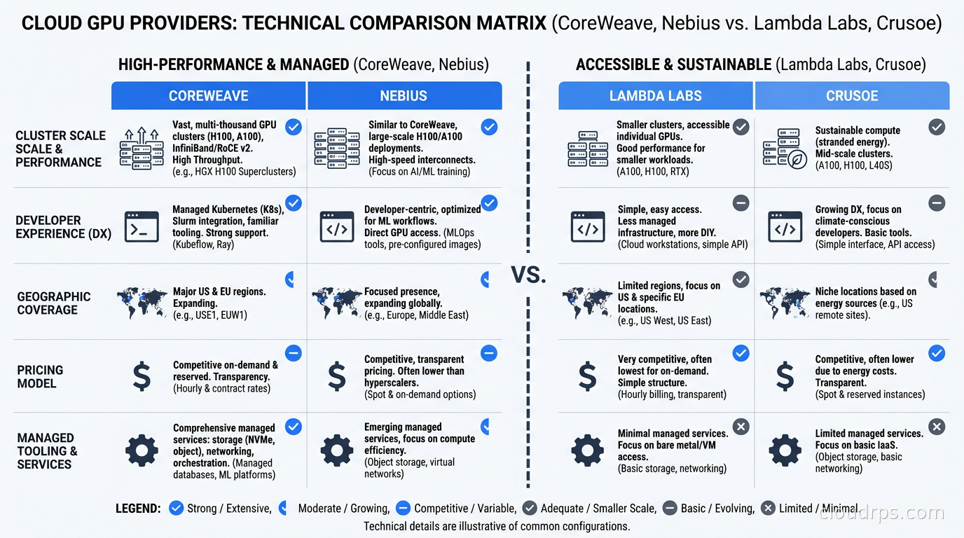 Comparison matrix showing CoreWeave, Nebius, Lambda Labs, and Crusoe rated across cluster scale, developer experience, geographic coverage, pricing, and managed tooling