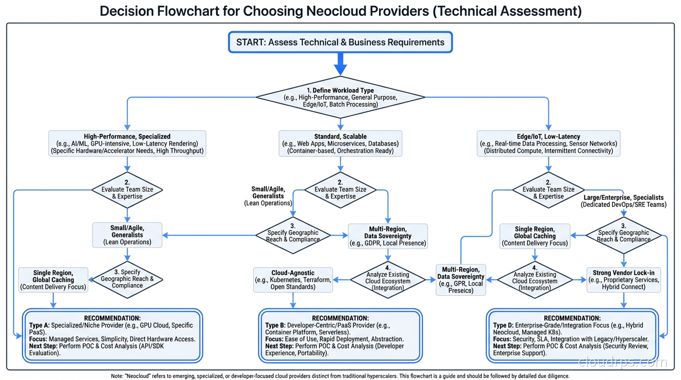 Decision flowchart for choosing between neocloud providers based on workload type, team size, geographic requirements, and existing cloud ecosystem