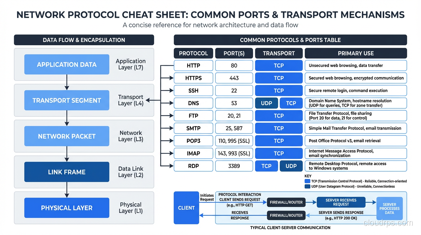 Protocol cheat sheet showing common protocols with ports, transport, and primary use