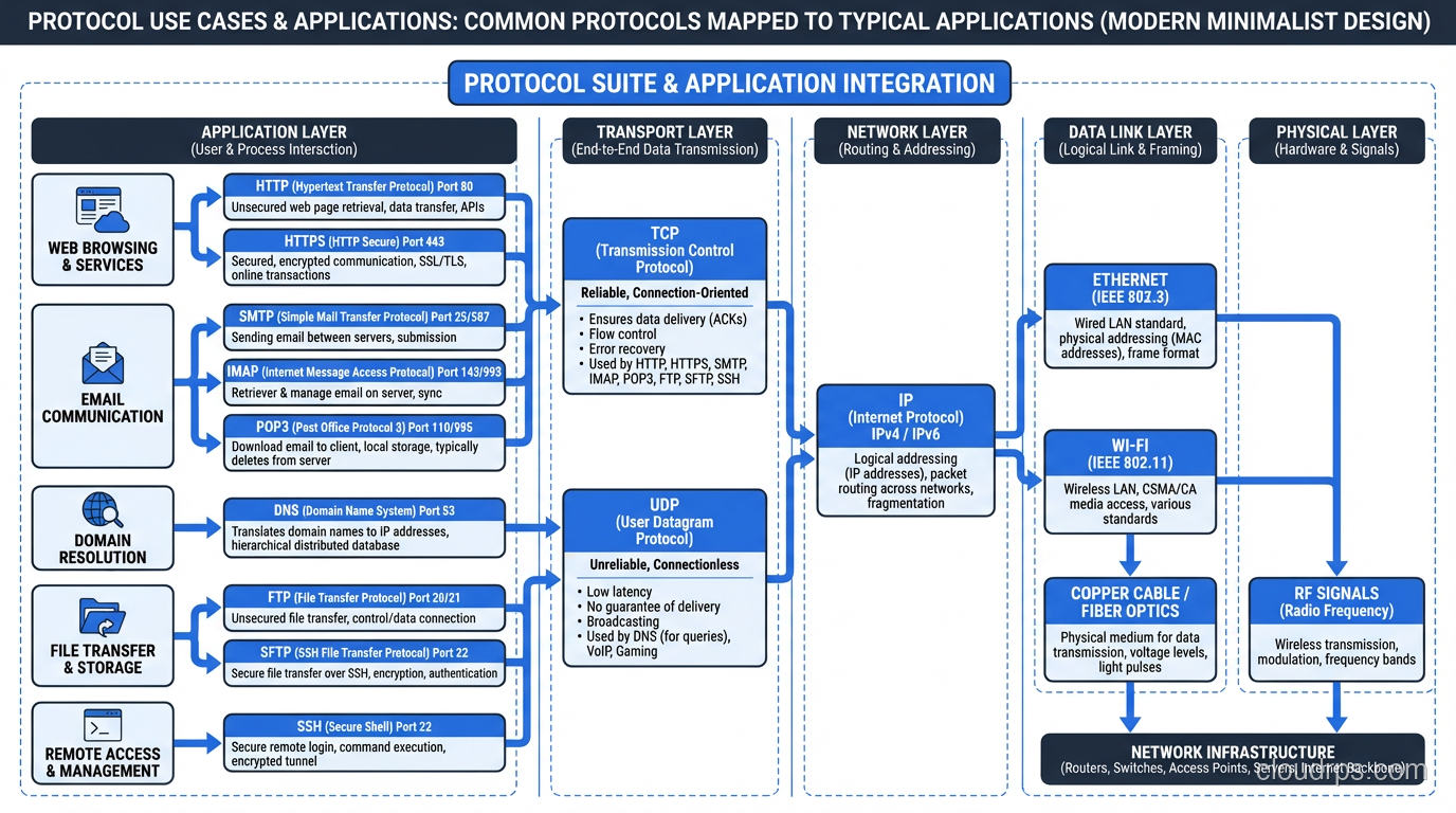 Protocol use cases showing common protocols mapped to their typical applications