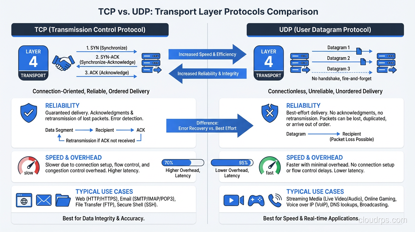 TCP vs UDP comparison showing reliability, speed, and use case differences