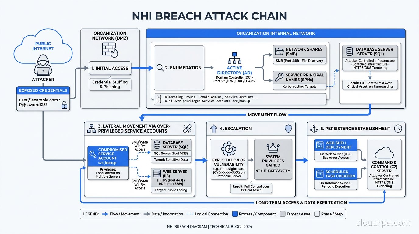 NHI breach attack chain showing initial access through exposed credential, enumeration, lateral movement via over-privileged service accounts, escalation, and persistence establishment