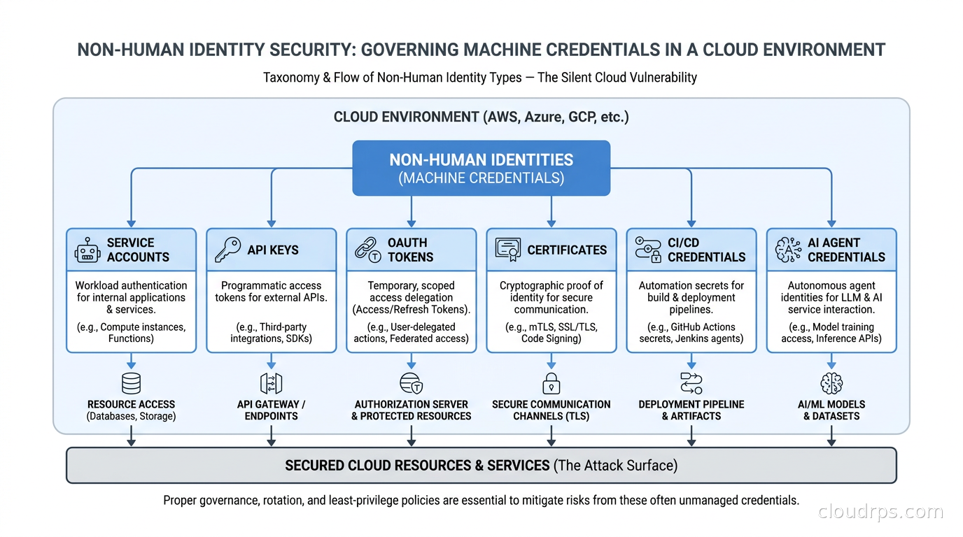 Taxonomy of non-human identity types across a cloud environment, including service accounts, API keys, OAuth tokens, certificates, CI/CD credentials, and AI agent credentials