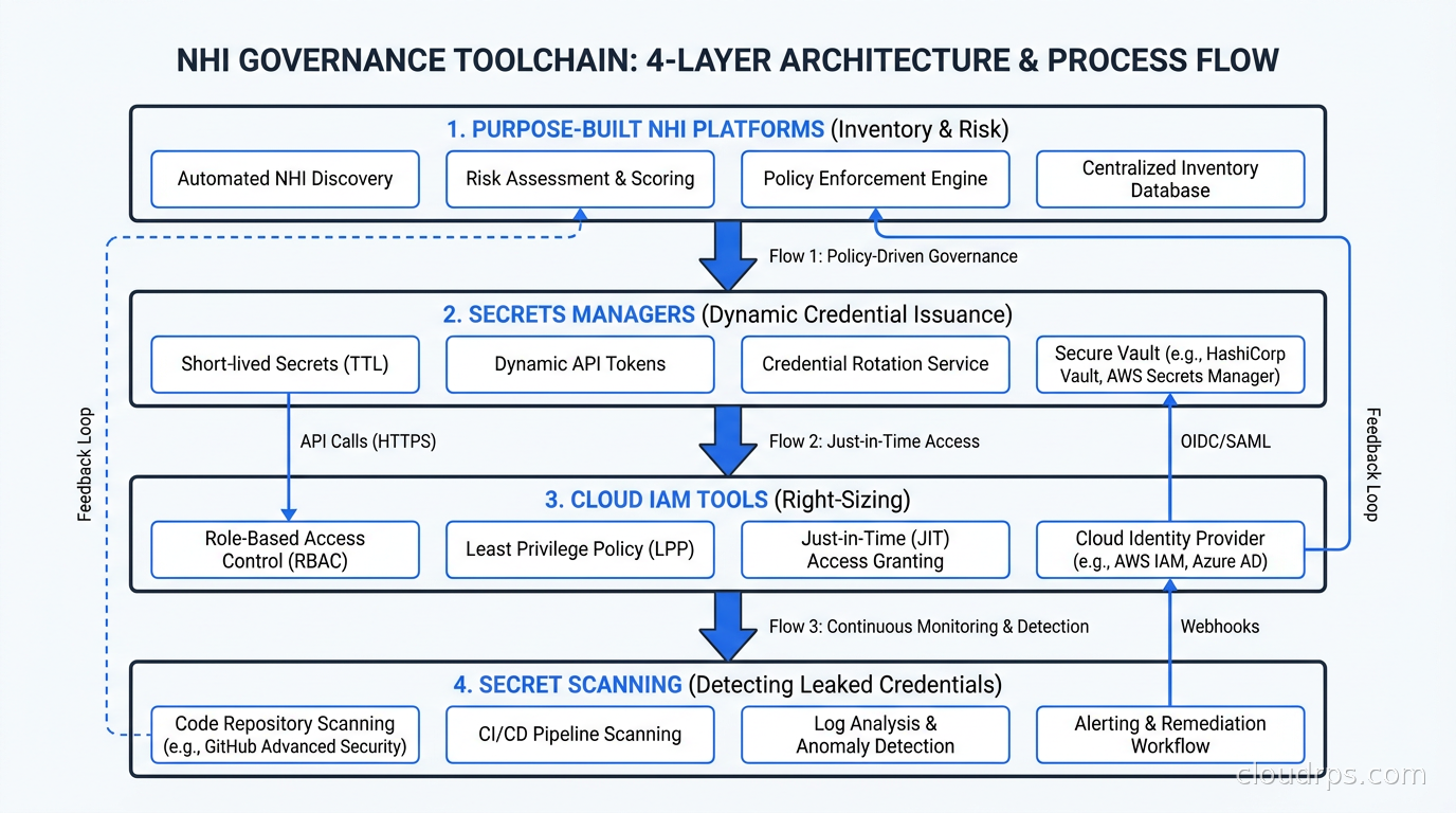 NHI governance toolchain showing the four layers: purpose-built NHI platforms for inventory and risk, secrets managers for dynamic credential issuance, cloud IAM tools for right-sizing, and secret scanning for detecting leaked credentials