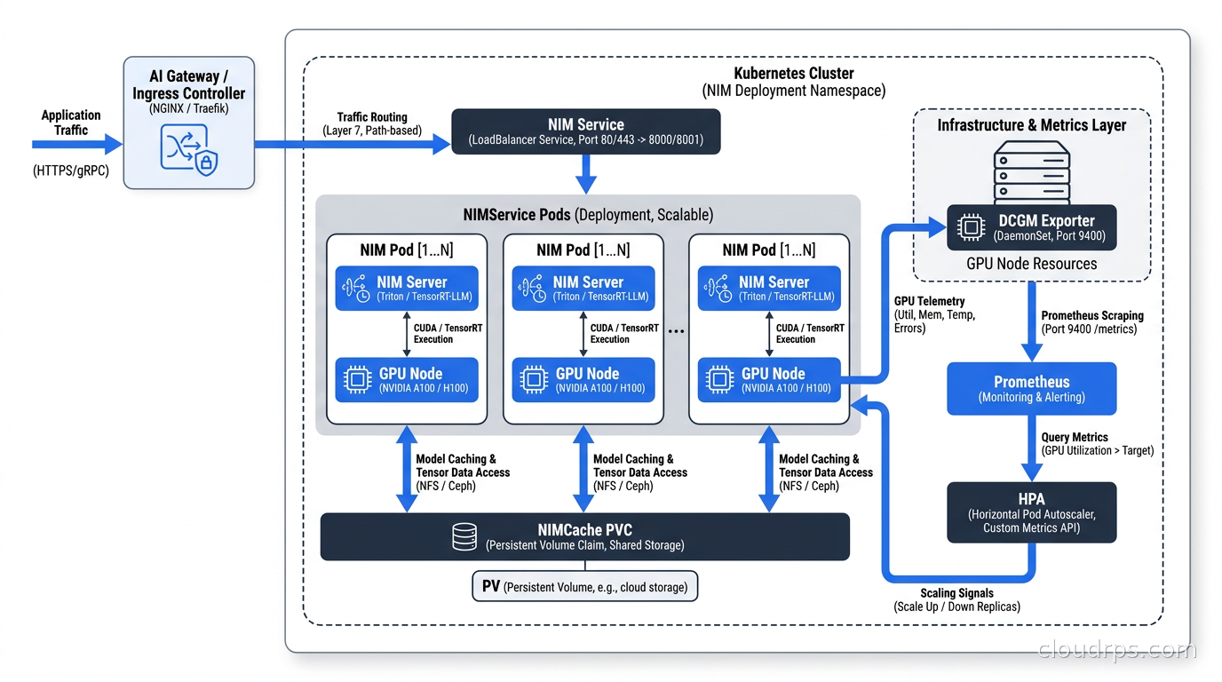 NIM production deployment architecture showing NIMCache PVC, NIMService pods with GPU nodes, HPA metrics flow from DCGM Exporter, and application traffic through an AI gateway
