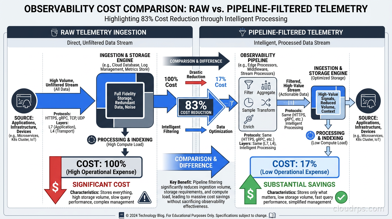 Observability cost comparison showing raw telemetry ingestion vs pipeline-filtered telemetry with 83 percent cost reduction