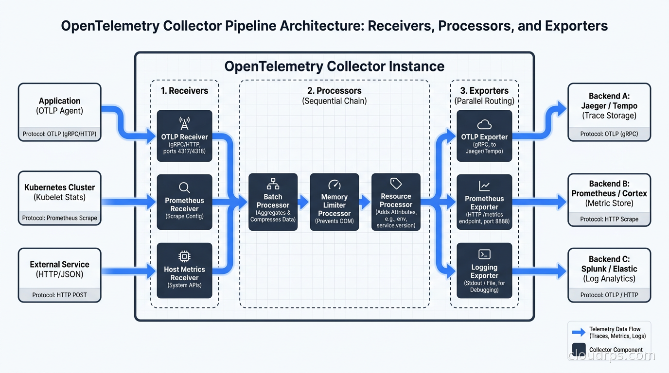 OpenTelemetry Collector pipeline architecture showing receivers, processors, and exporters routing telemetry to multiple backends