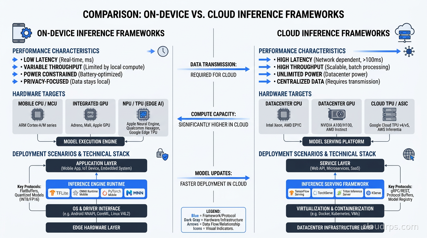 Comparison of on-device versus cloud inference frameworks showing performance characteristics, hardware targets, and deployment scenarios