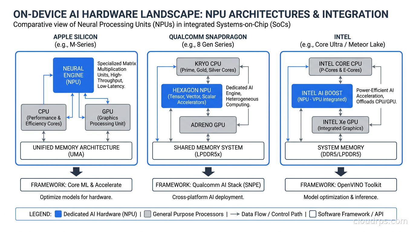 On-device AI hardware landscape showing NPU architectures across Apple Silicon, Qualcomm Snapdragon, and Intel platforms
