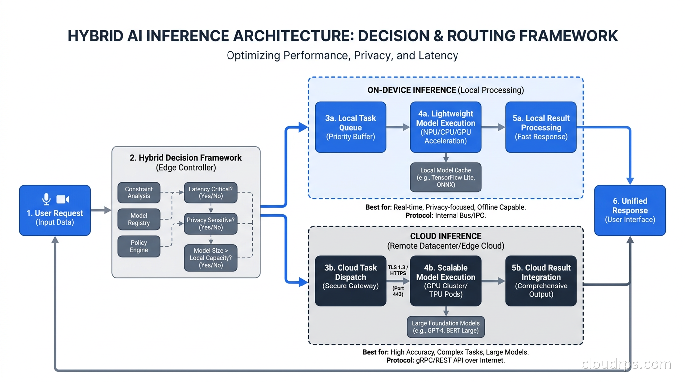 Hybrid AI inference architecture showing the decision framework for routing tasks between on-device and cloud inference