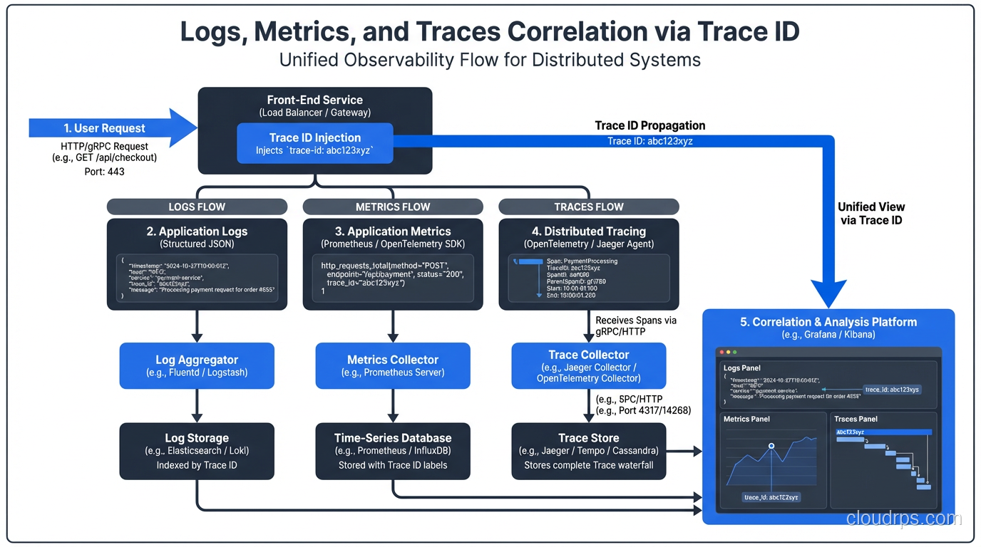 Logs, metrics, and traces correlation flow showing trace ID linking across all three signals