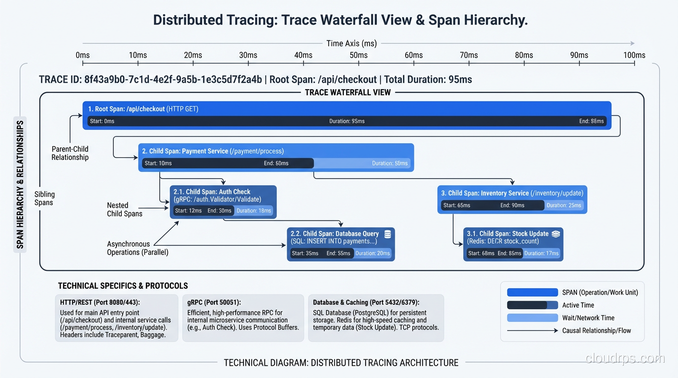 Trace waterfall view showing span hierarchy and timing