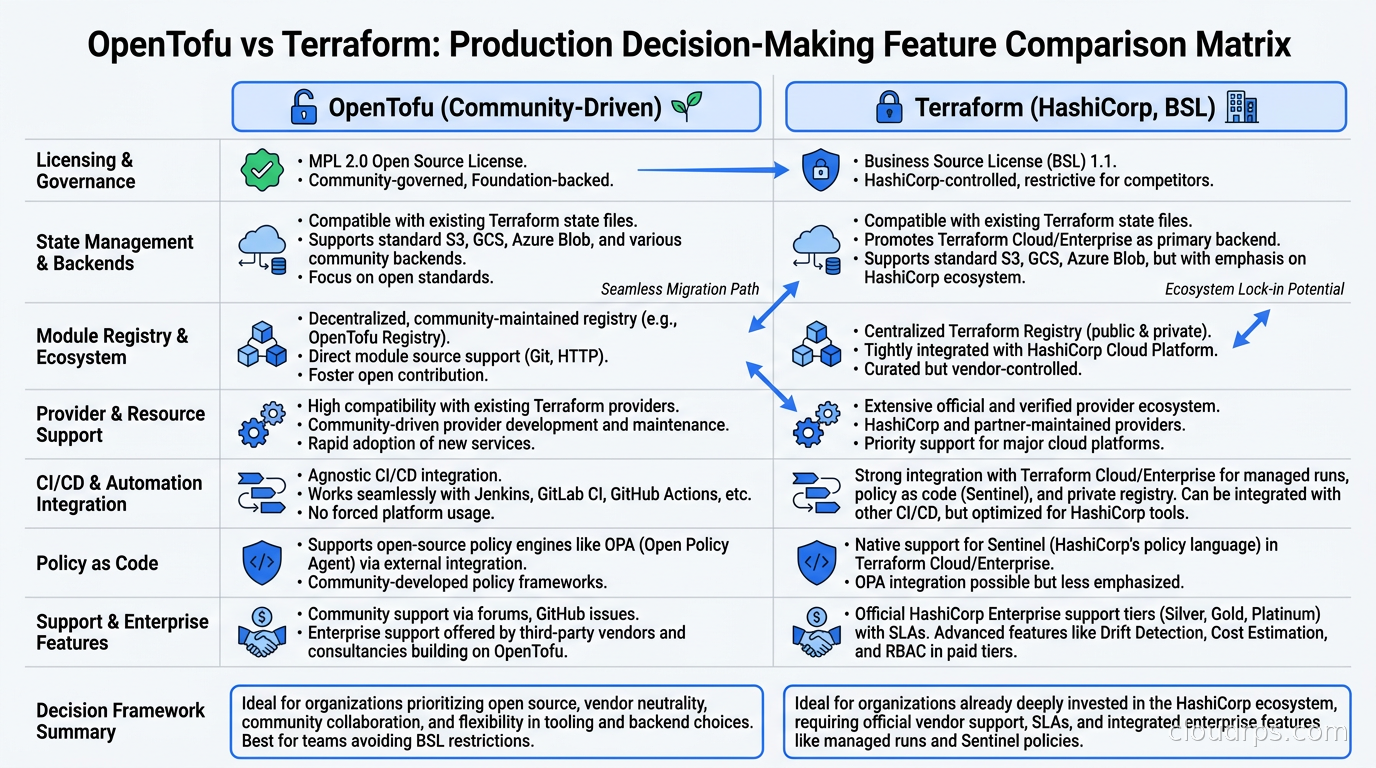OpenTofu vs Terraform feature comparison matrix for production decision-making