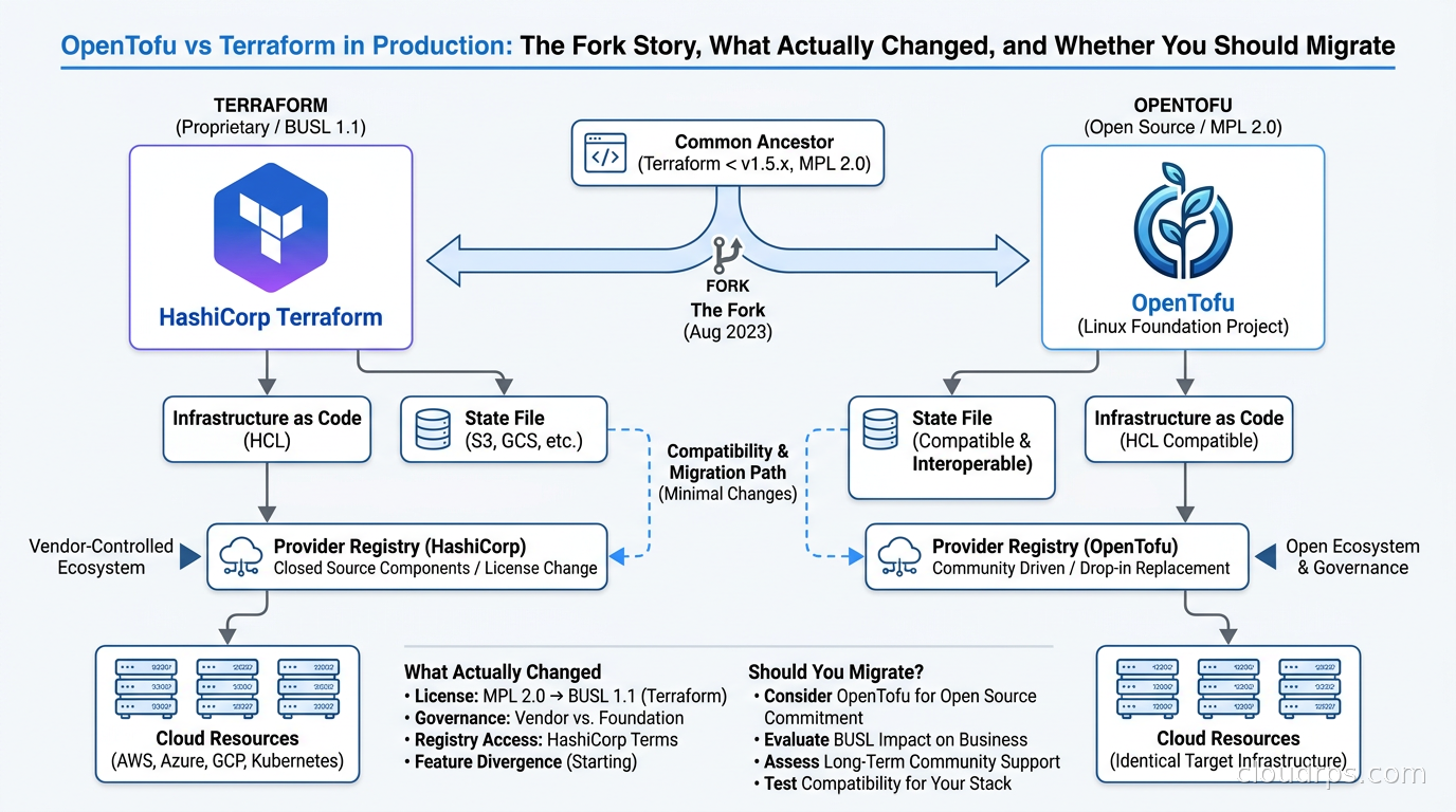 Side-by-side comparison of OpenTofu and Terraform logos with a branching infrastructure code diagram