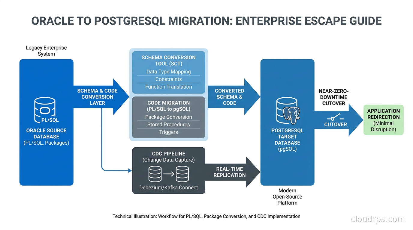 Diagram showing Oracle database migration workflow to PostgreSQL with CDC pipeline and schema conversion layers