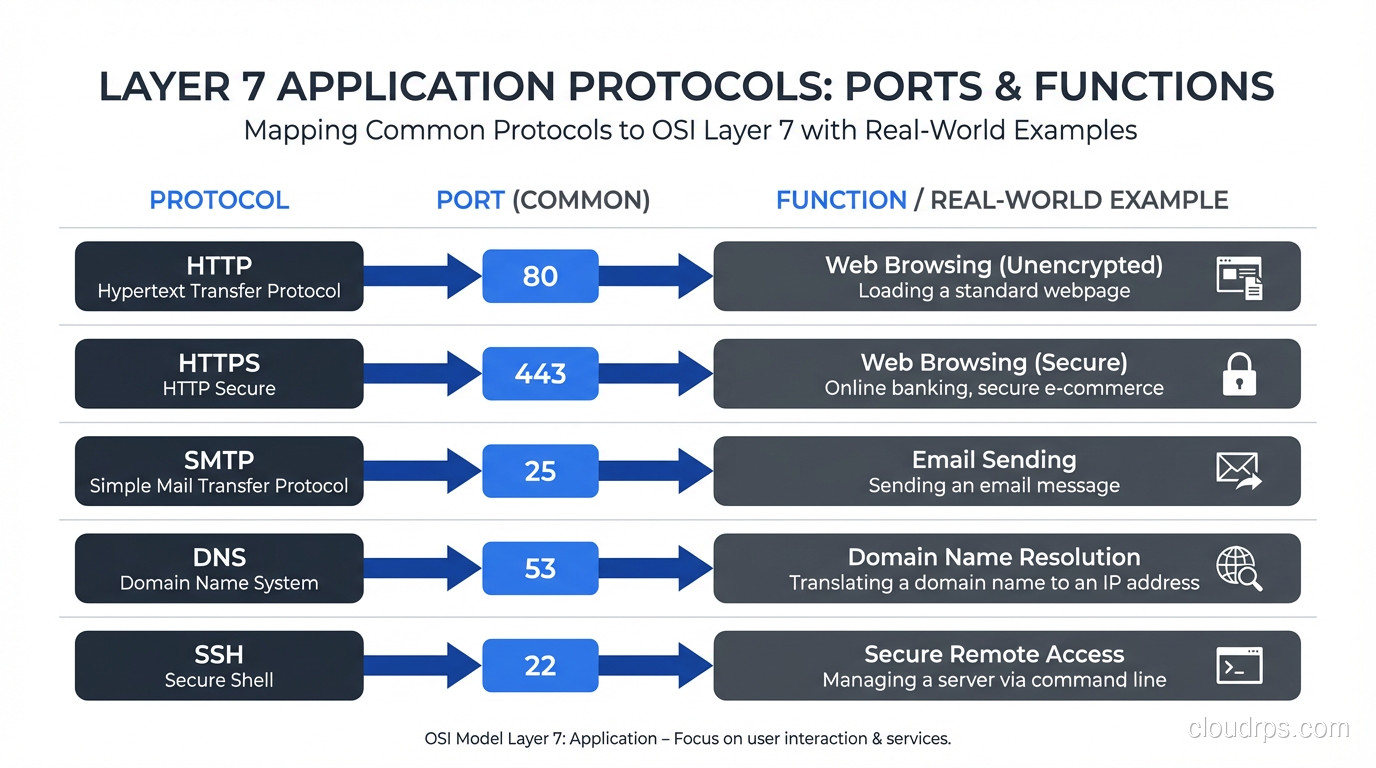 Layer 7 application protocols mapped to their common ports and functions