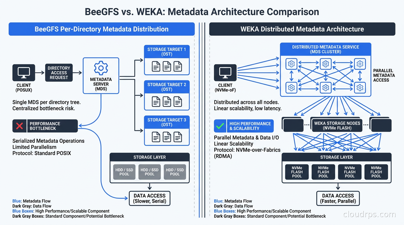 BeeGFS per-directory metadata distribution versus WEKA distributed metadata architecture comparison