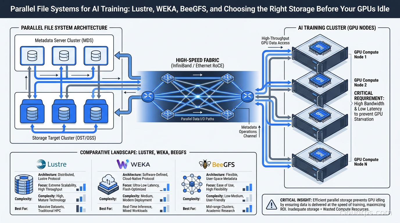 Diagram showing parallel file system architecture with metadata servers, storage targets, and GPU compute nodes connected over high-speed fabric