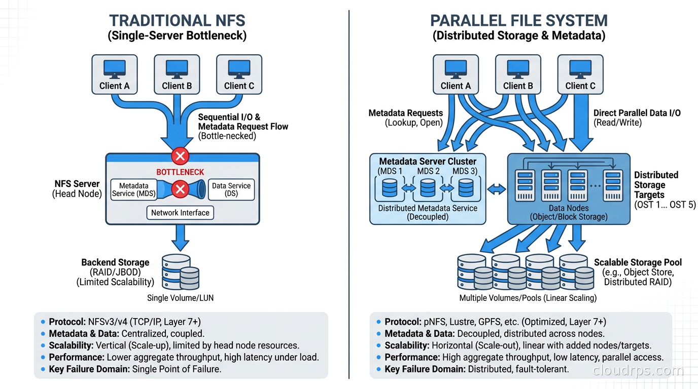 Comparison diagram showing NFS single-server bottleneck vs parallel file system with distributed storage targets and metadata servers