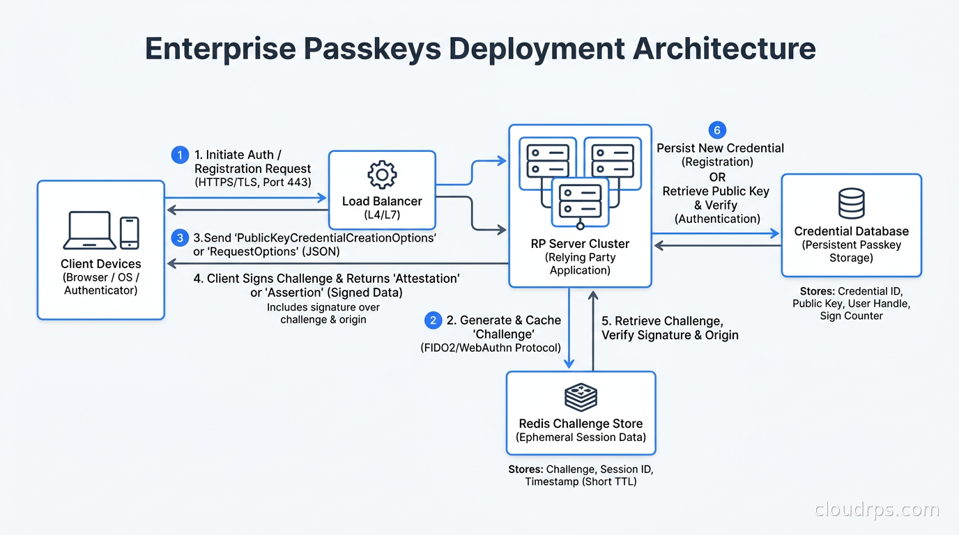 Enterprise passkeys deployment architecture showing load balancer, RP servers, Redis challenge store, and credential database