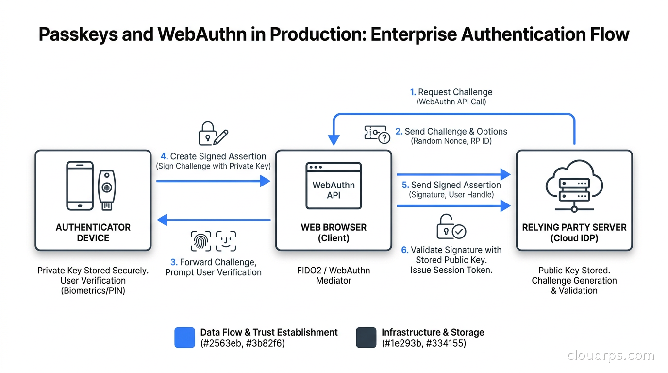 Diagram showing WebAuthn passkey authentication flow between authenticator device, browser, and relying party server
