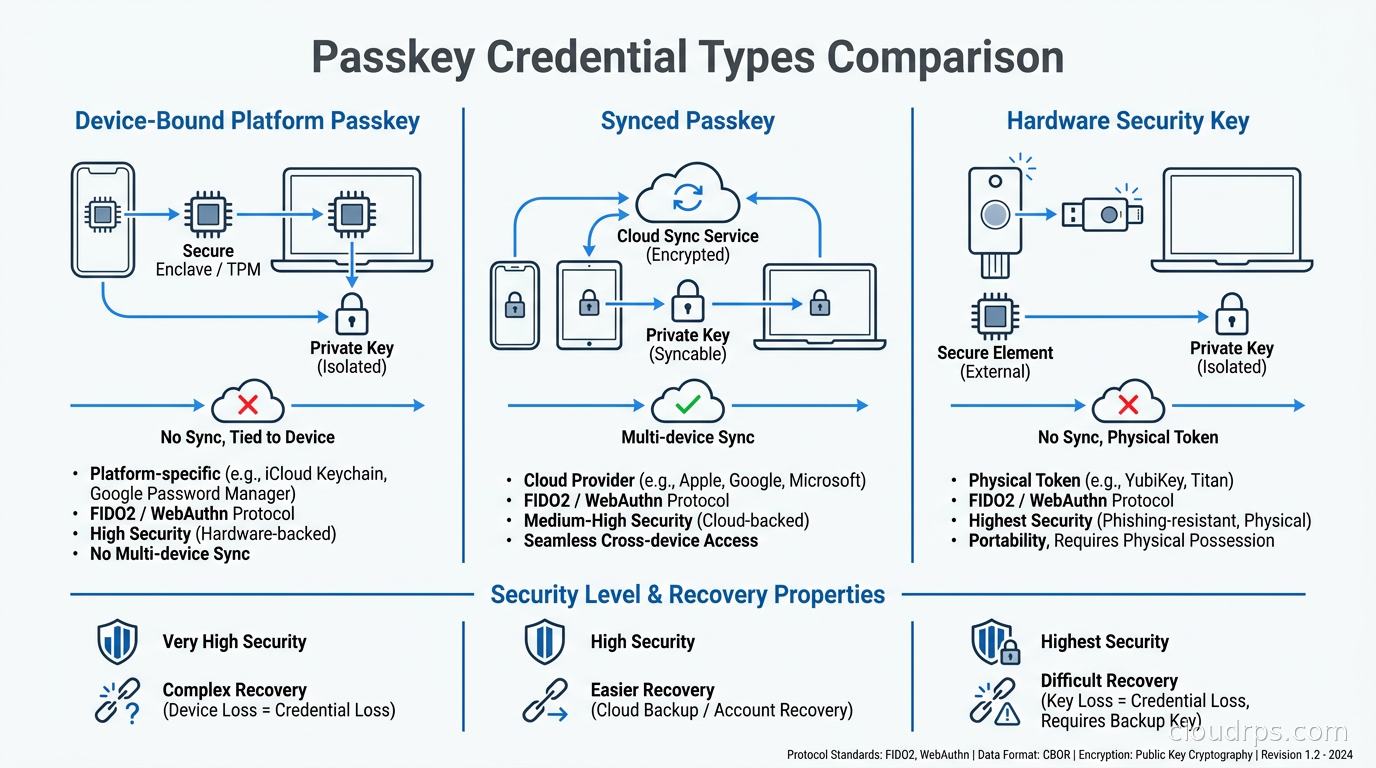 Passkey credential types comparison: device-bound platform passkey, synced passkey, hardware security key showing security level and recovery properties