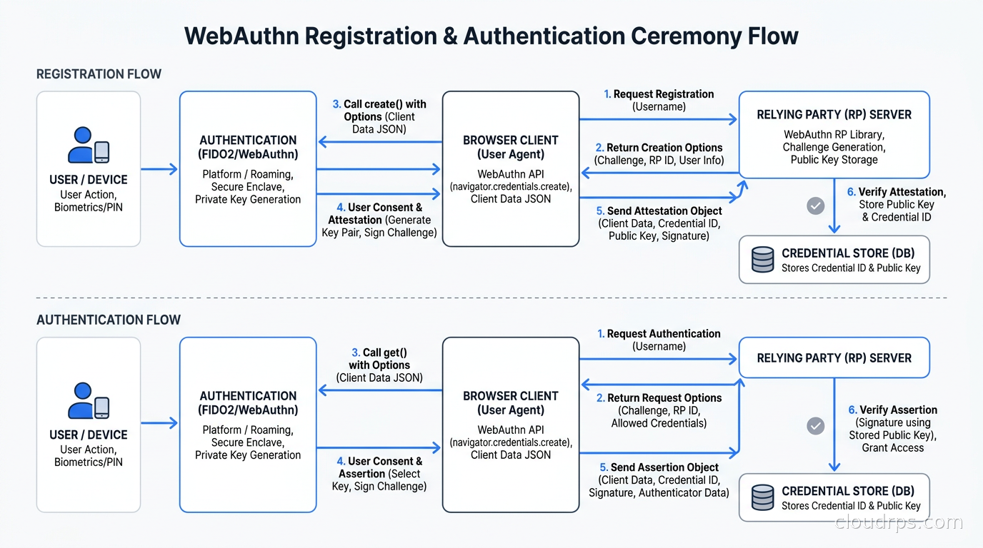 WebAuthn registration and authentication ceremony flow showing authenticator, browser client, and relying party server