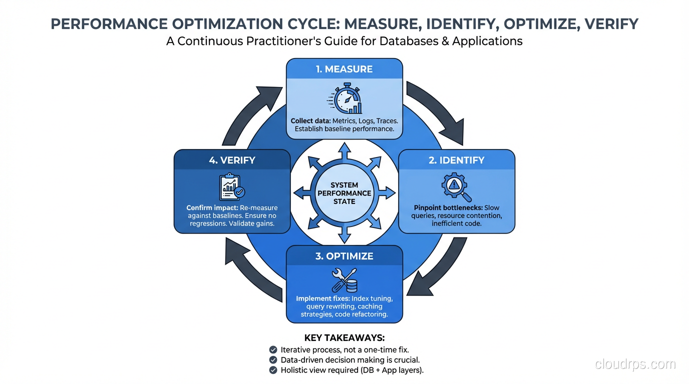 Performance optimization cycle: measure, identify, optimize, verify