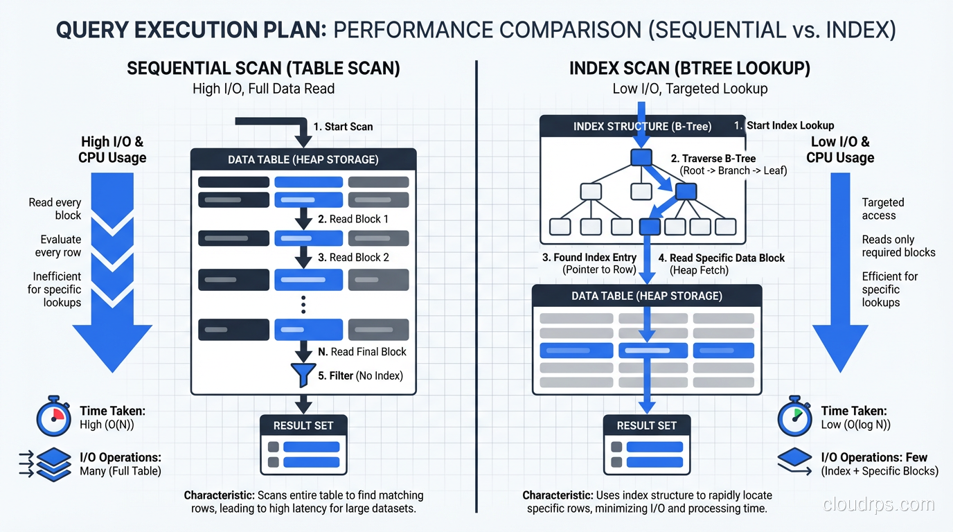 Query execution plan showing sequential scan vs index scan performance