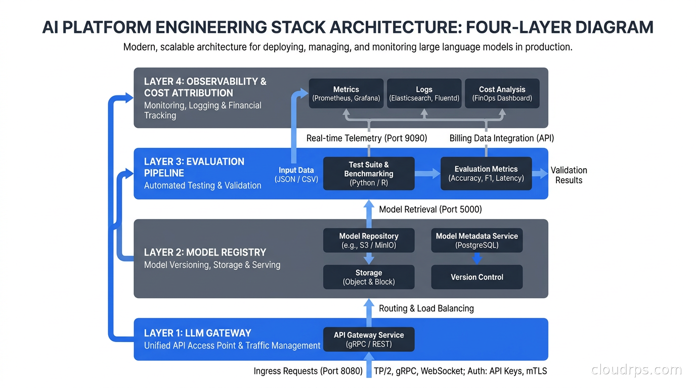Diagram of a four-layer AI platform engineering stack: LLM Gateway at the base, then Model Registry, then Evaluation Pipeline, then Observability and Cost Attribution at the top