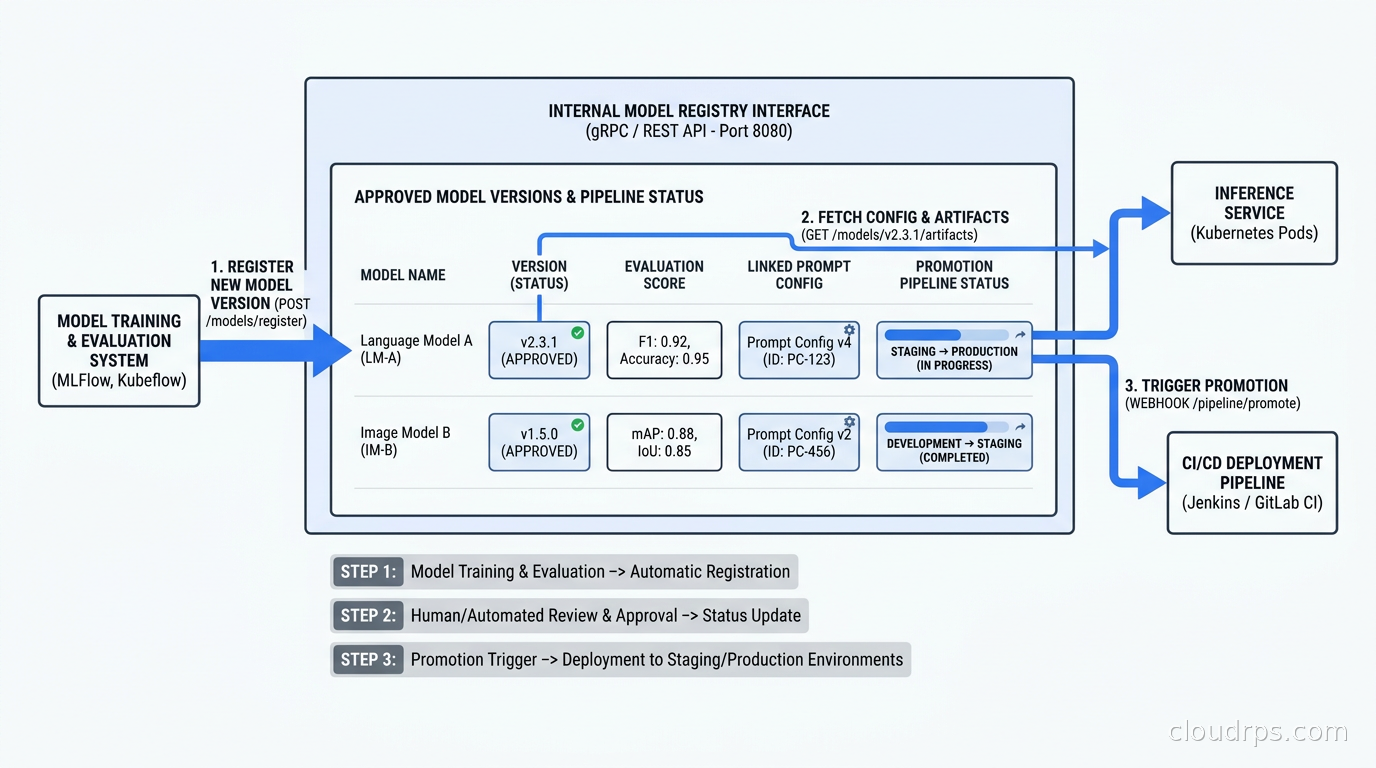 Screenshot of an internal model registry interface showing approved model versions with evaluation scores, linked prompt configurations, and promotion pipeline status