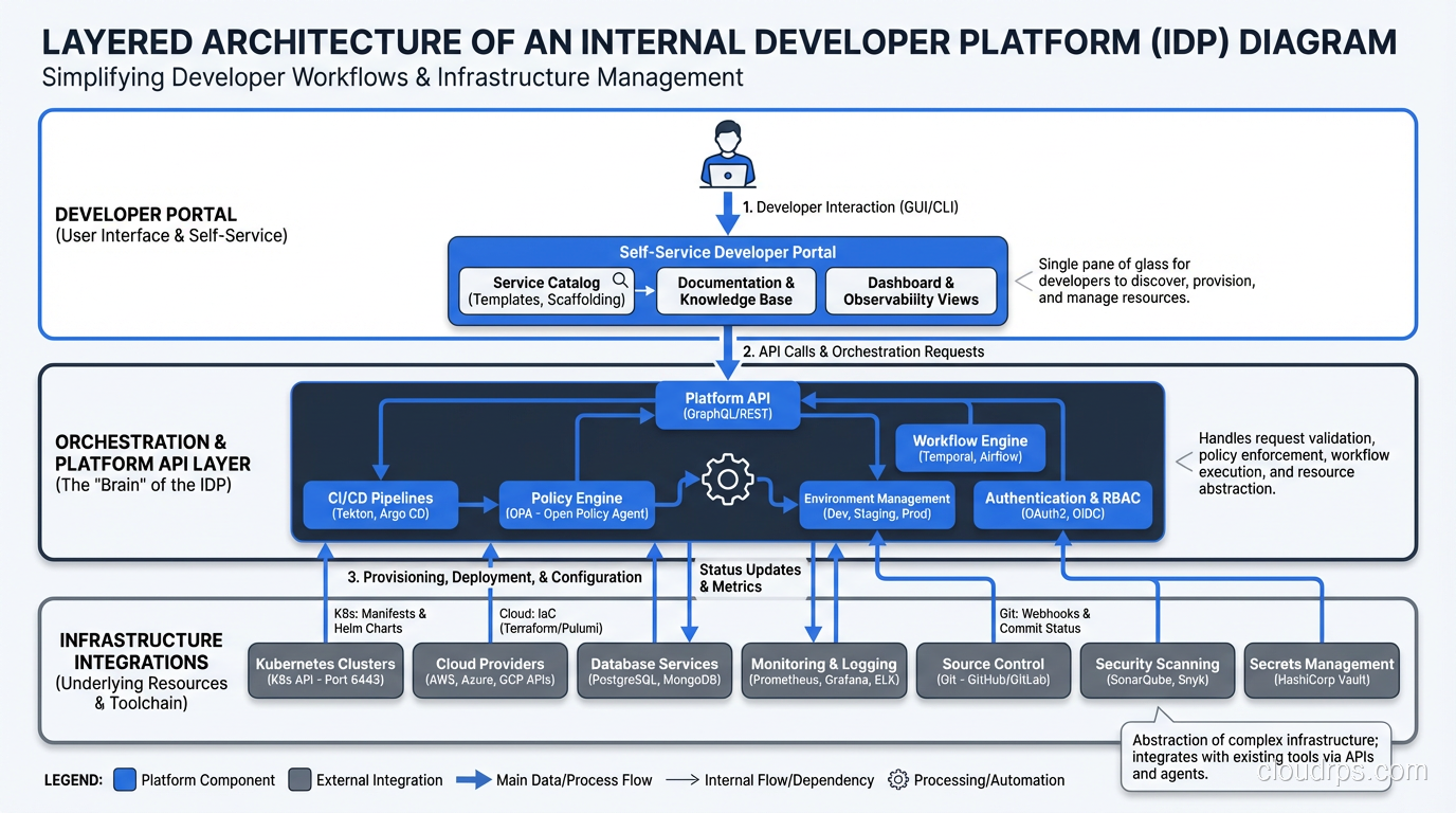 Diagram showing the layered architecture of an internal developer platform, with a developer portal at the top, orchestration layer in the middle, and infrastructure integrations at the bottom