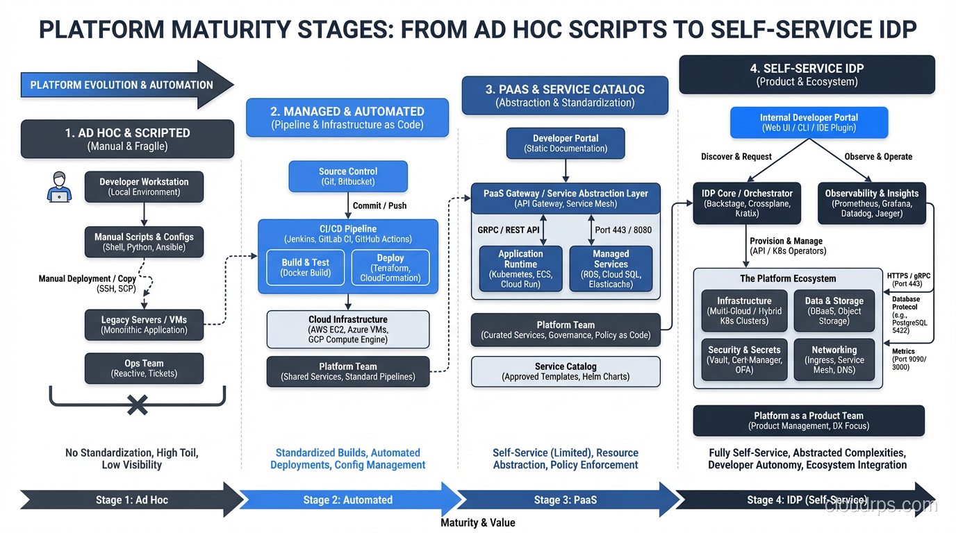 Chart showing platform maturity stages from ad hoc scripts to a fully self-service internal developer platform