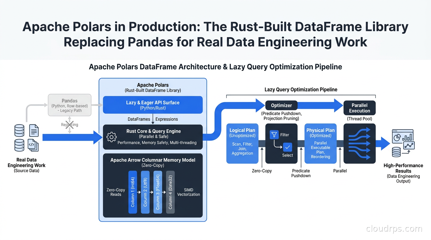 Apache Polars DataFrame architecture diagram showing Rust core, Apache Arrow columnar memory model, and lazy query optimization pipeline