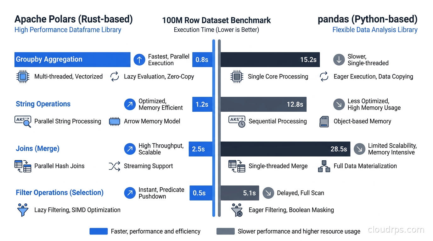 Apache Polars vs pandas performance benchmarks across groupby aggregation, string operations, joins, and filter operations on 100M row dataset