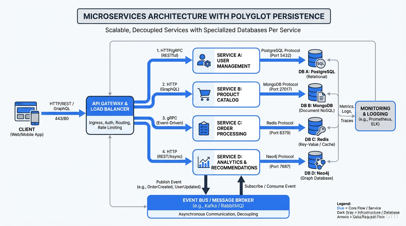 Microservices architecture with different database types per service
