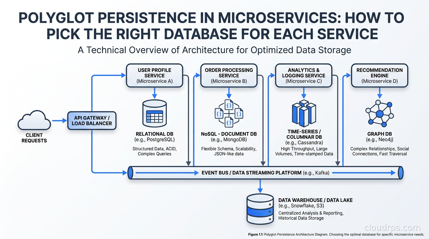 Multiple database types connected to different microservices illustrating polyglot persistence architecture