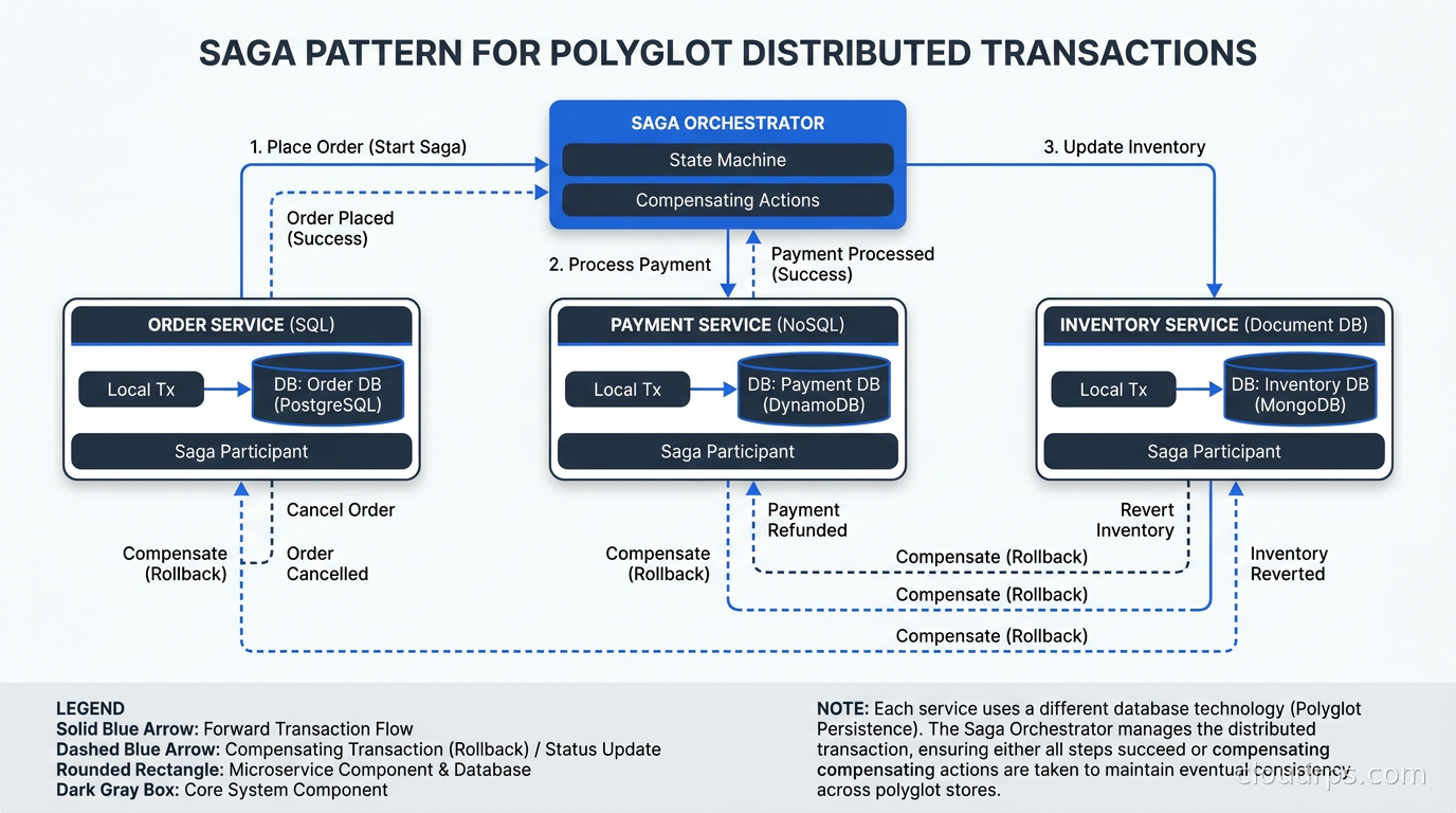 Saga pattern for distributed transactions across polyglot microservices