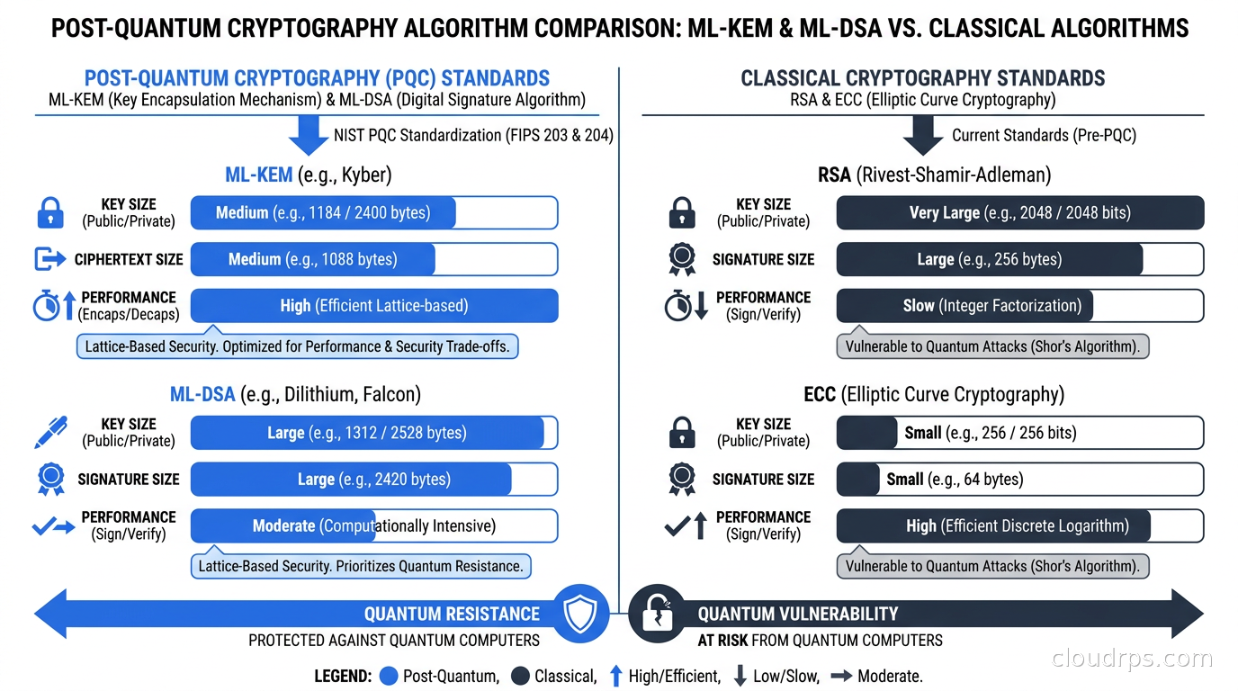 Post-quantum cryptography algorithm comparison: ML-KEM vs ML-DSA vs classical algorithms by key size, signature size, and performance