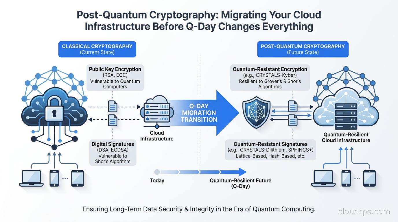 Diagram showing classical cryptography algorithms being replaced by post-quantum alternatives in cloud infrastructure